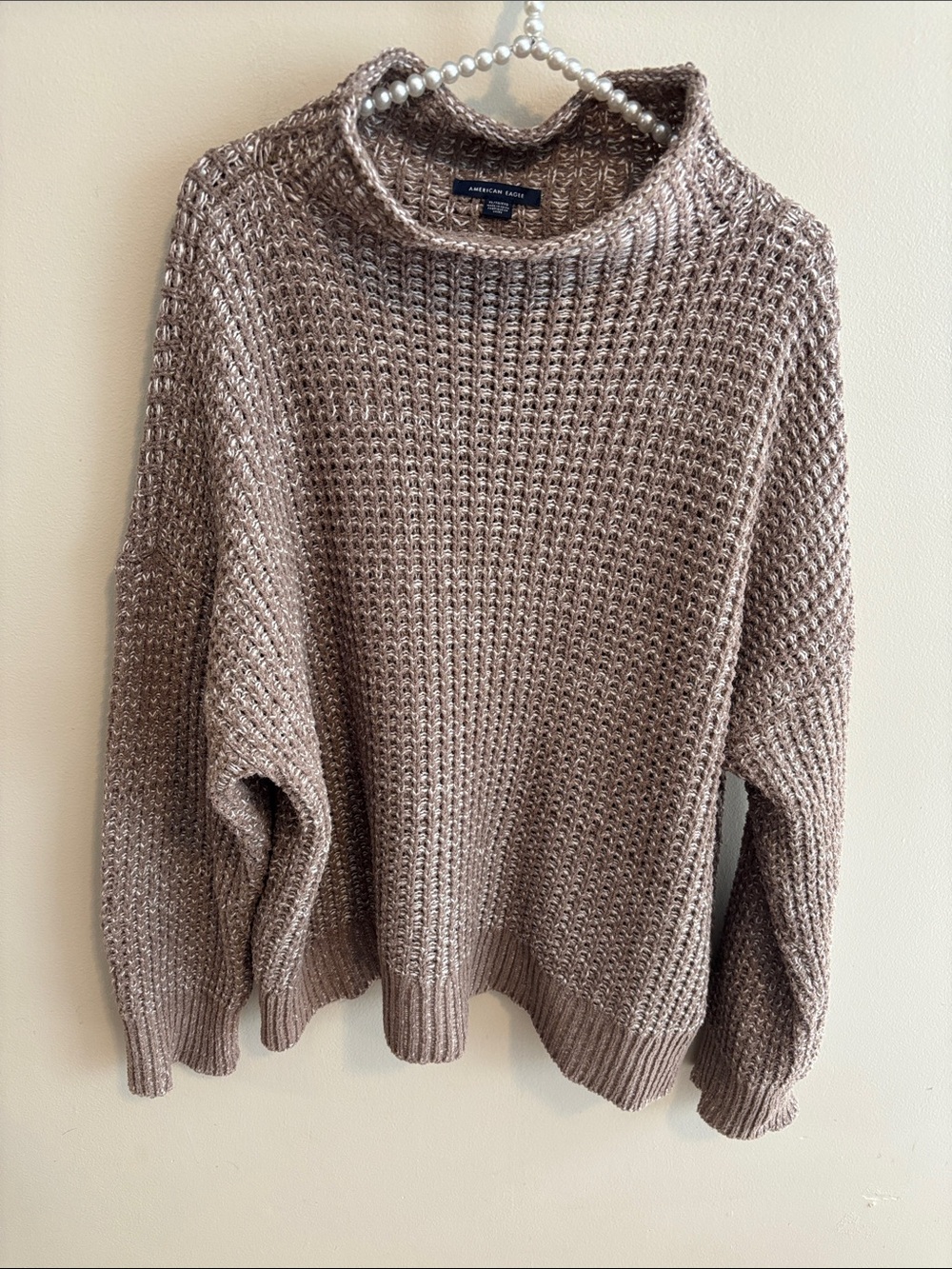American Eagle Women XL Sweater Brown White Chunky Knit Slouchy Mock Neck